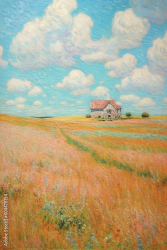 abstract painting in mint pink, pink wheat fields, field cottages, blue sky and white clouds. AI generative