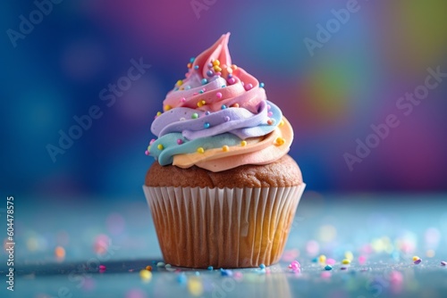 Illustration of a delicious cupcake with pink frosting and colorful sprinkles on top created with Generative AI technology