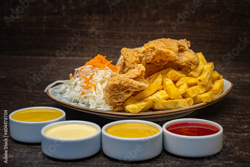 fried chicken with french fries on a plate with containers of cream