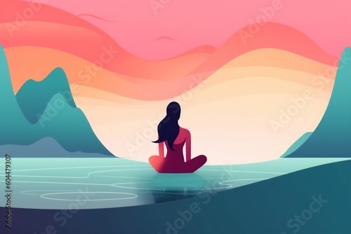 exercise woman young person lotus meditation back sea ocean relaxation yoga. Generative AI.