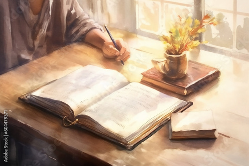 Open book on table in watercolor painting style. AI generative