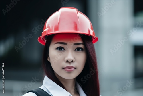 job woman smile asian industrial industry portrait engineer occupation business helmet. Generative AI. © VICHIZH