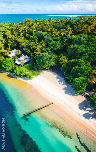 Aerial view of beautiful tropical beach with coconut palm trees  blue lagoon and white sand. Generative AI.