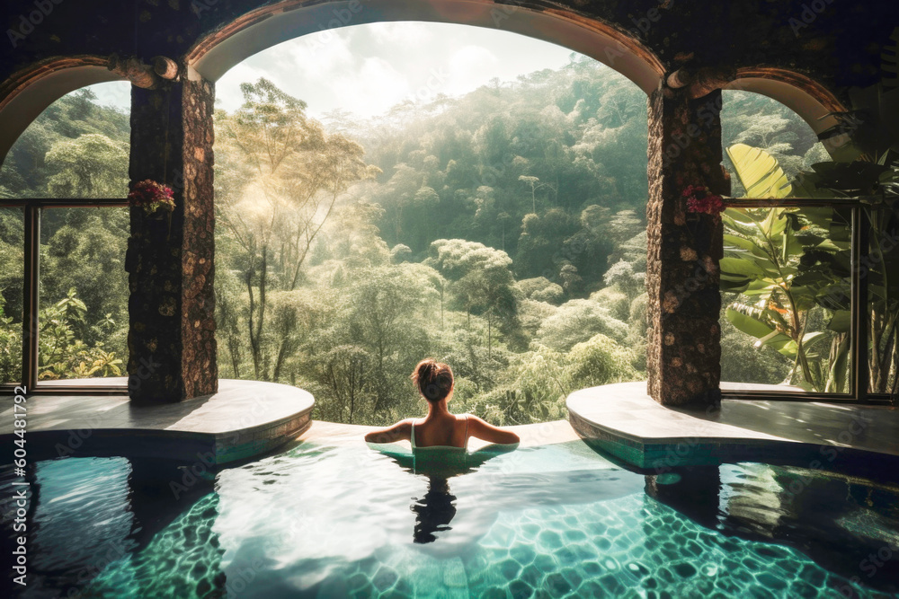 © Trinette Reed - Woman on vacation in pool at luxury spa in Bali. Generative AI.