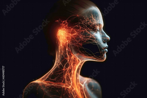 Woman's brain and nervous system pathways and nerves Polyvagal. Generative AI. photo