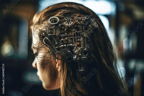Concept of mechanical parts of a woman's brain's neural pathways. Generative AI. photo