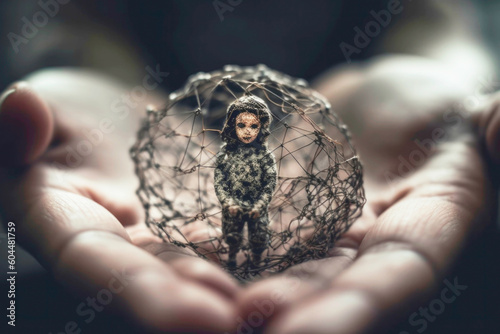 Person holding an inner child, childhood trauma and IFS therapy concept. Generative AI.