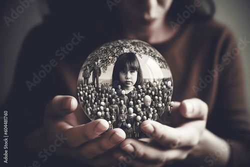 Woman holding her inner child watching ancestral generational trauma. Generative AI.