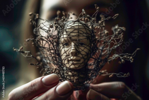 Woman holding a younger inner child part of herself related to trauma. Generative AI. photo