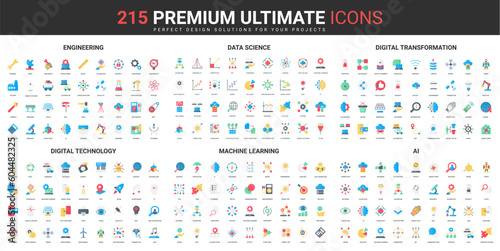 Digital technology, AI and data science color flat icons set vector illustration. Abstract symbols of engineering and digital transformation, machine learning simple design for mobile and web apps