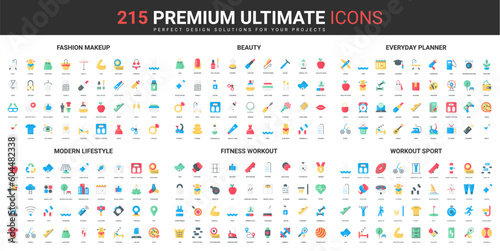 Beauty, sport exercises for healthy modern lifestyle color flat icons set vector illustration. Abstract symbols of planner for food diet, sport and leisure simple design for mobile and web apps