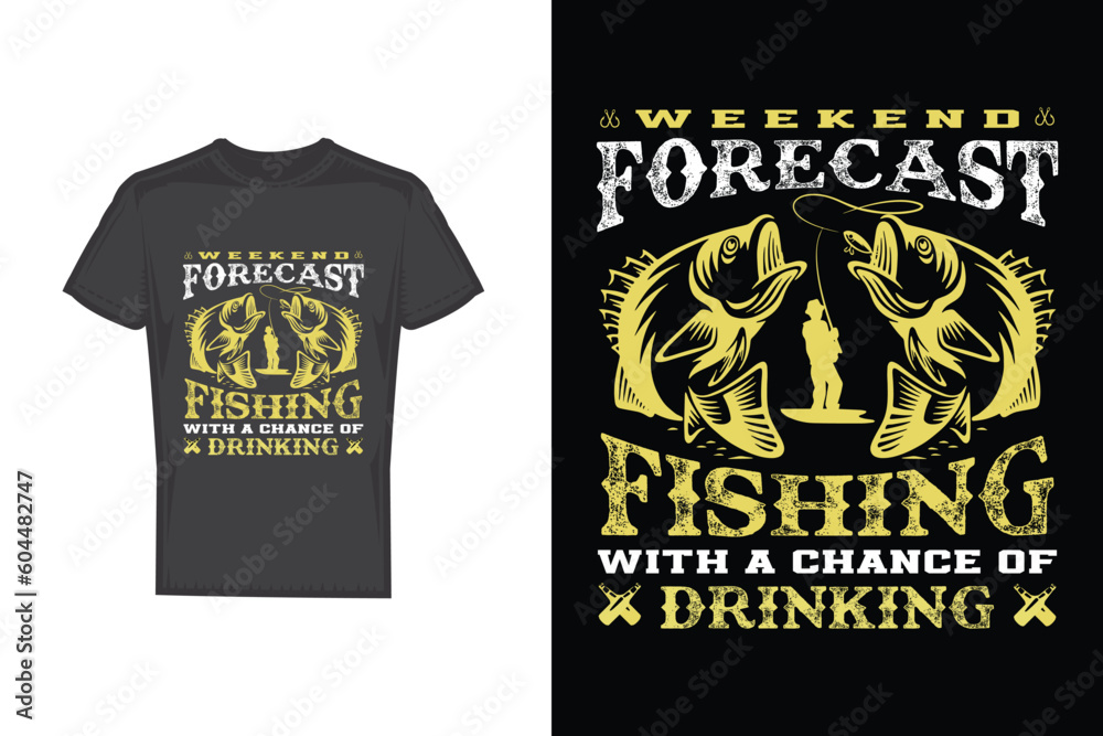 Weekend forecast fishing t-shirt vector design template. Good for fishing poster, label, emblem. With fish, fishing pole vector.