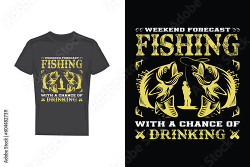 Weekend forecast fishing t-shirt vector design template. Good for fishing poster, label, emblem. With fish, fishing pole vector.