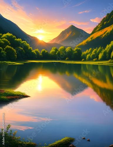 Sunrise over lake, Scenic Landscape at Sunset, Tranquil Lake, Lush Greenery, Generative AI