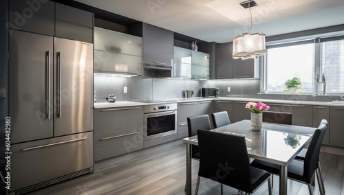 Beautiful Gray Modern Kitchen in Luxury Apartment with Stainless Steel Appliances generative ai variation 1