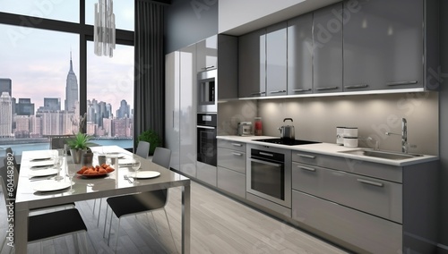Beautiful Gray Modern Kitchen in Luxury Apartment with Stainless Steel Appliances generative ai variation 2