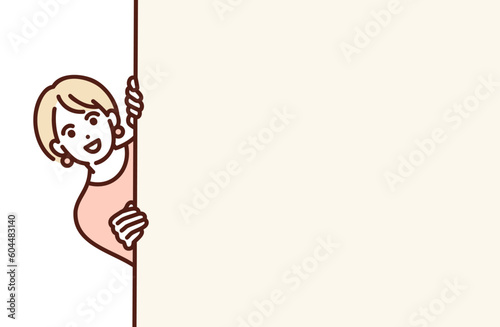 壁からひょっこりと顔を覗かせる女性。コピースペースのあるイラスト素材。