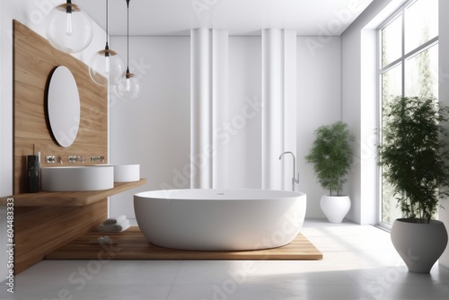 bathroom bathtub white architecture wood modern interior luxury floor home house. Generative AI.