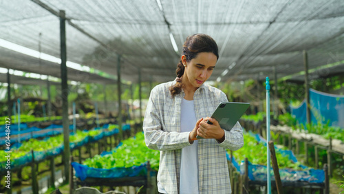 Young beautiful woman using tablet device and working in farm. Smart farming and digital agriculture. Technology in farming.