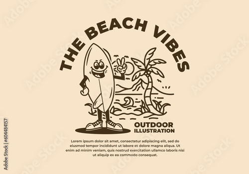 Photography Surf board mascot character on the beach