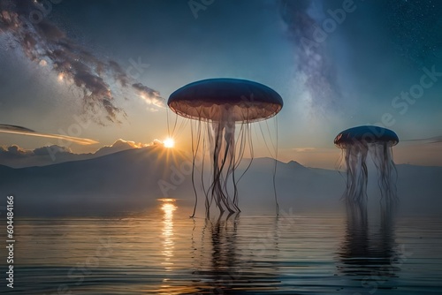 A swarm of jellyfish pulsing through the water