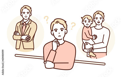 仕事と家庭のバランス、ワークライフバランスを考える男性のイラスト素材。