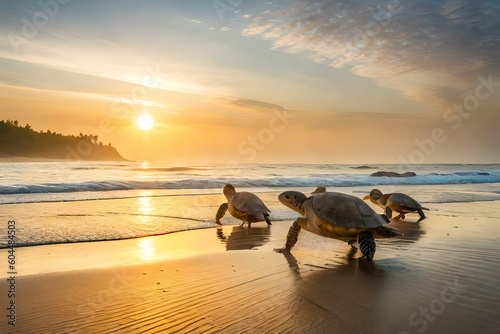 A group of sea turtles sunbathing on a sandy beach