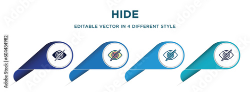hide icon in 4 different styles such as filled, color, glyph, colorful, lineal color. set of vector for web, mobile, ui
