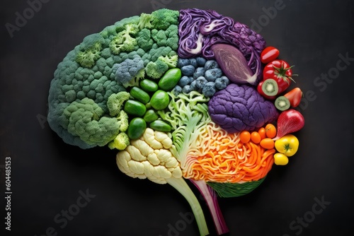 Human brain made of variety of vegetables in concept of healthy food for health care. distinct generative AI image.