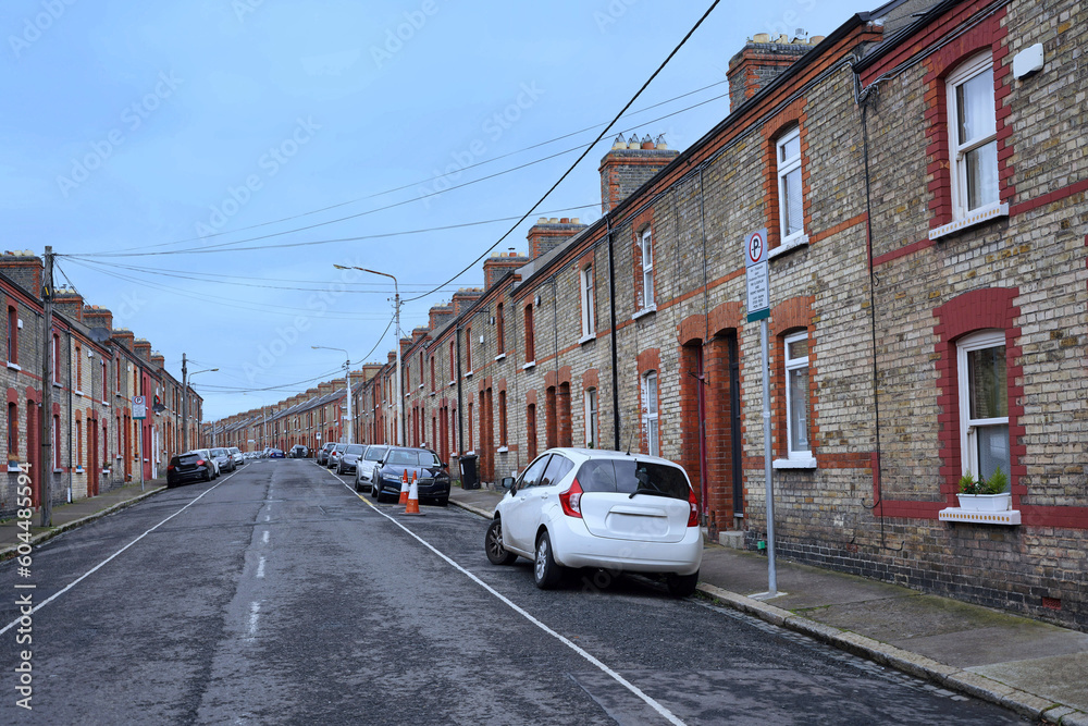 Long street of identical small row houses