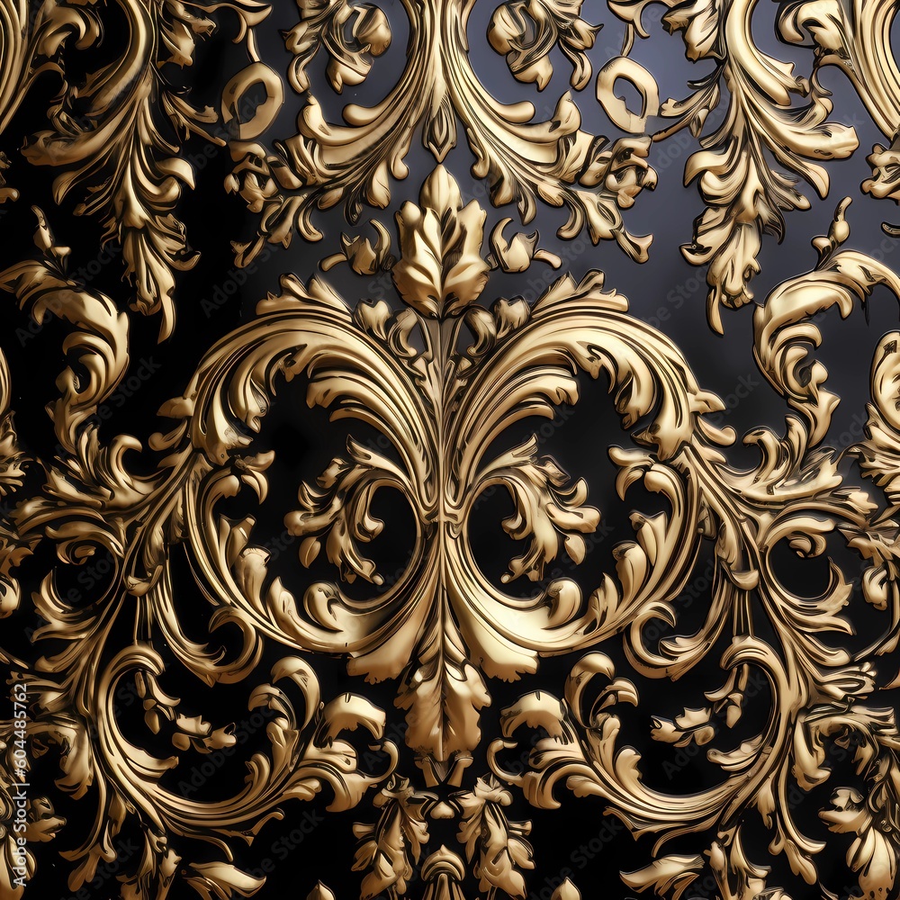 A damask pattern of ornate motifs and scrolls in black and gold A damask pattern of ornate motifs and scrolls in black and gold