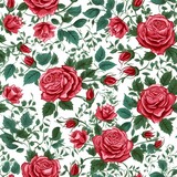 A floral pattern of roses and leaves on a white background