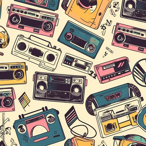 80s retro pattern with abstract cassette tapes and boomboxes