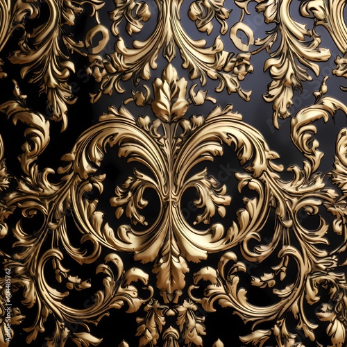 A damask pattern of ornate motifs and scrolls in black and gold