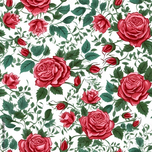 A floral pattern of roses and leaves on a white background © Systema