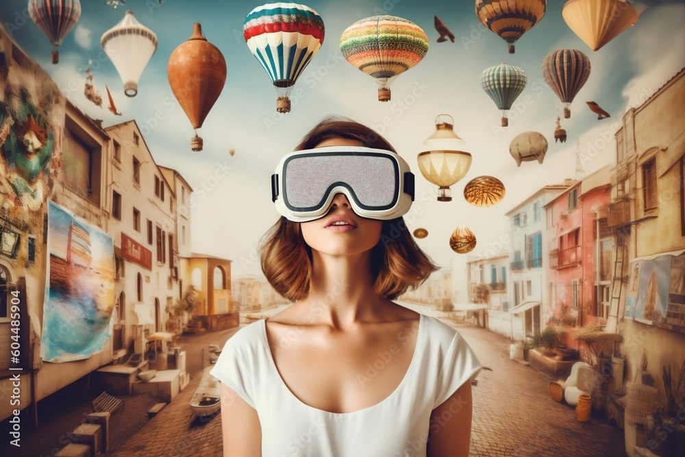 woman reality virtual glasses abstract planet digital travel vr future technology. Generative AI.