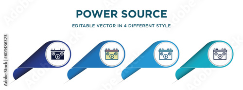 power source icon in 4 different styles such as filled, color, glyph, colorful, lineal color. set of vector for web, mobile, ui