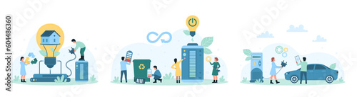 Eco energy vector illustration. Cartoon tiny people save ecology, recharge electric car and smart home inside bright light bulb with battery and smart station, recycle waste charger and accumulator