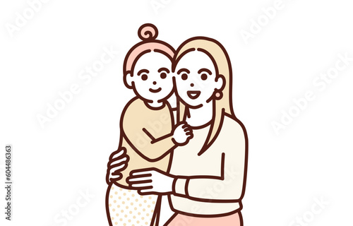 母子家庭の親子。シングルマザーのベクターイラスト素材。