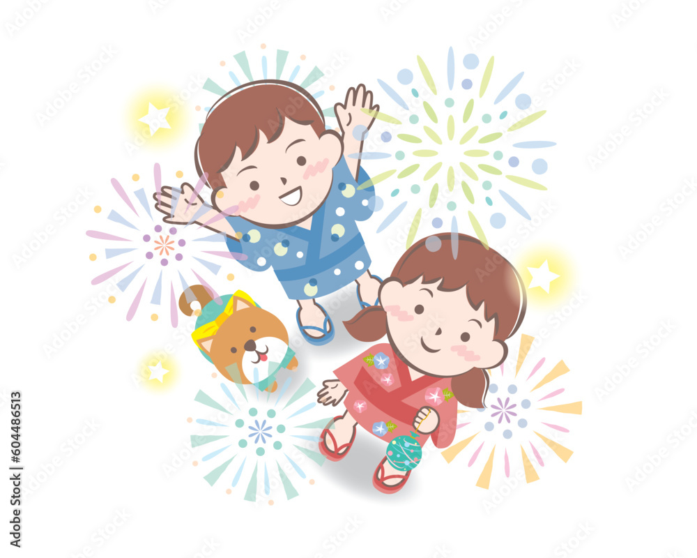 花火を見上げる浴衣姿の子供たちと柴犬 花火を見上げる浴衣姿の子供たちと柴犬