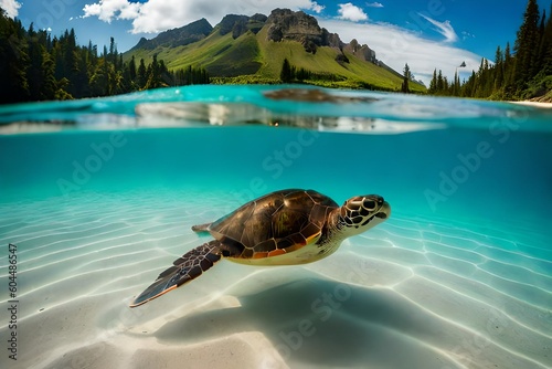 A giant sea turtle swimming through the water