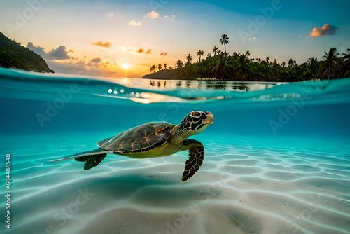 A giant sea turtle swimming through the water