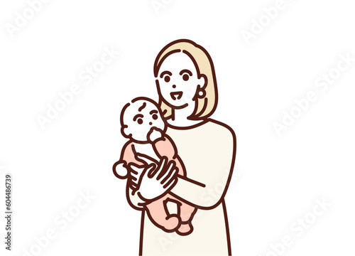 乳児を抱く優しそうなママ。赤ちゃんとお母さんのイラスト素材。