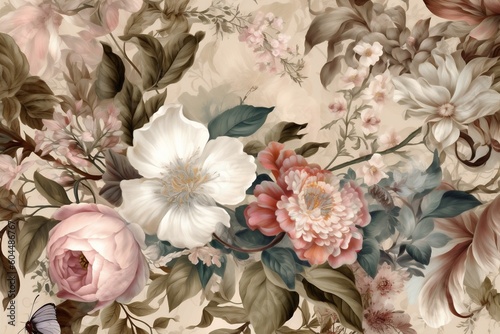 peony illustration seamless wedding background leaf delicate wallpaper flower design watercolor. Generative AI.