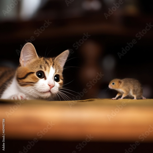 Cat playing with little gerbil mouse on the table © digitizesc
