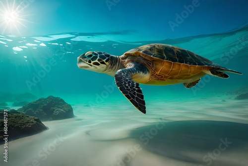 A curious turtle swimming up to a snorkeler