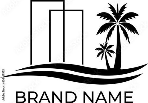 palm, coconut trees and building logon design vector