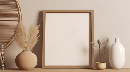 Mock up frame close up in home interior background, Boho style. Decorative modern still life. Empty wooden picture frame mockup. Artistic poster display. Elegant home interior. Generative AI