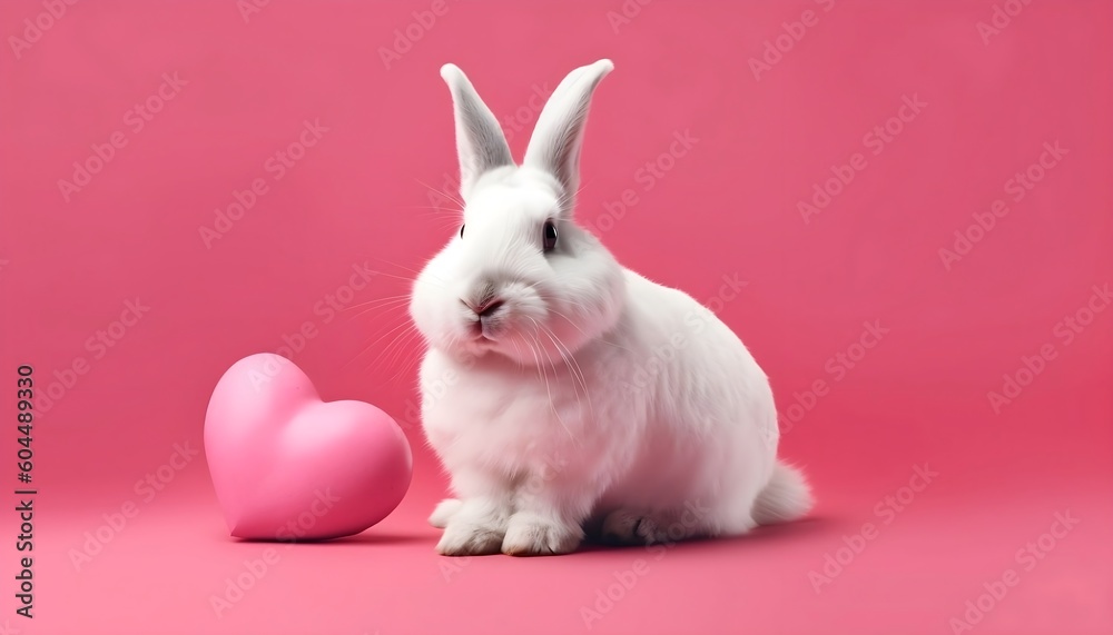 Cottontail Love A Whimsical Portrait of a White Rabbit and Pink Heart, Generative AI