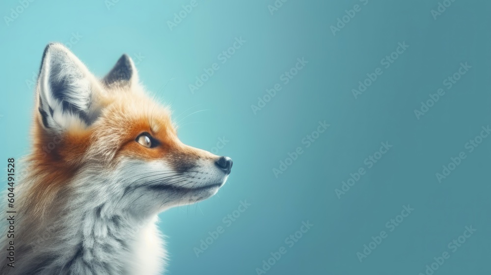 Head of furry fox looking lateral with copy space for advertisement. Space background for banner text. Generative AI Head of furry fox looking lateral with copy space for advertisement. Space background for banner text. Generative AI